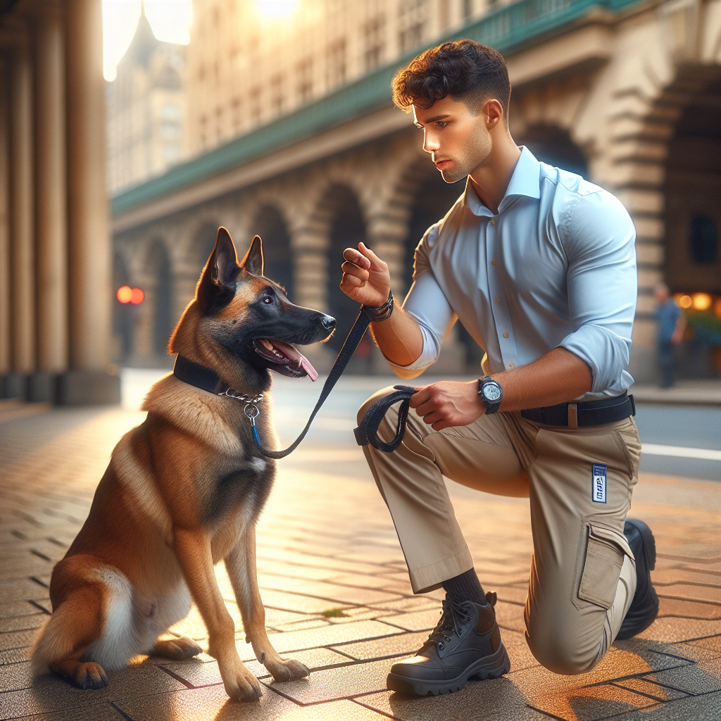 UK trainer using light leash pressure to shape a focused heel with a calm, attentive Malinois on a city pavement