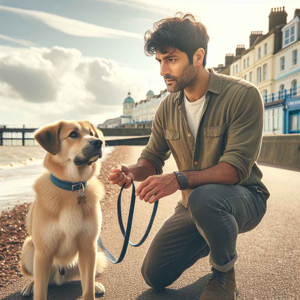 Trainer practising loose lead walking and recall with a mixed breed dog on a Folkestone coastal promenade