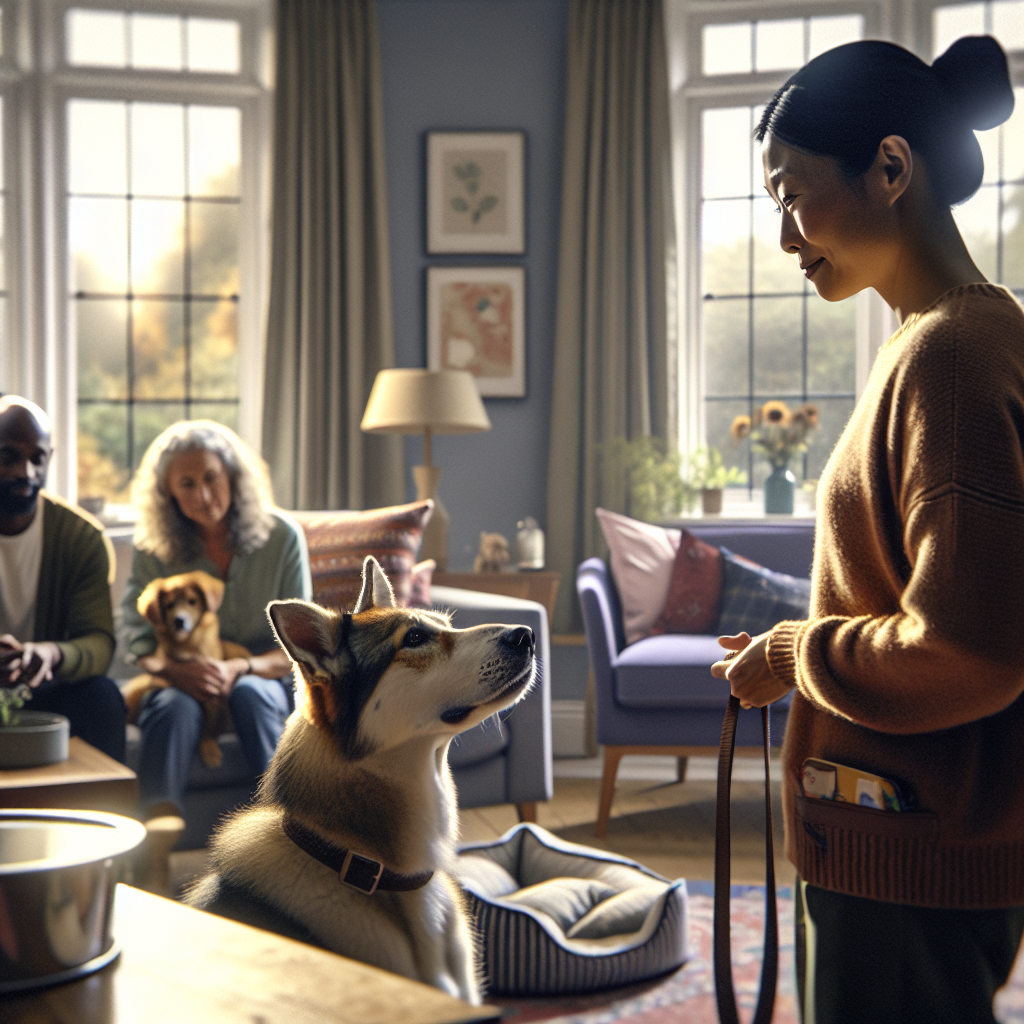 UK trainer guiding a calm dog to settle on a bed as the family watches