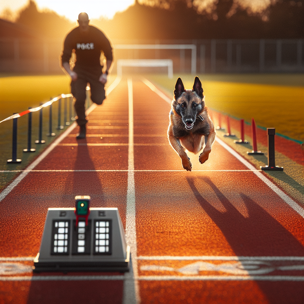 Belgian Malinois performing a straight IGP send away to a target mat on a UK field with precise reward placement