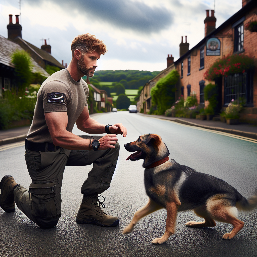 SMDT coaching a mixed-breed dog to heel and settle near a quiet town street in Leek