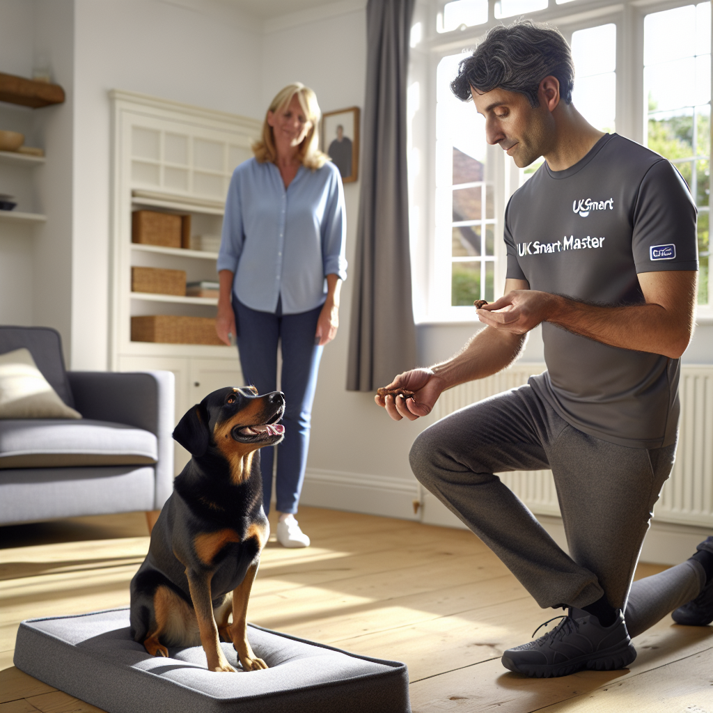 SMDT guiding a dog to hold a calm place duration on a raised bed in a UK home