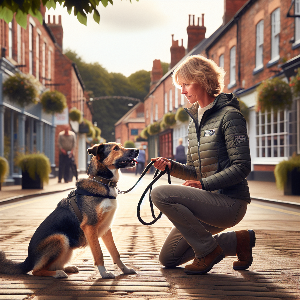 Smart trainer practising loose lead and recall with a focused dog in a leafy UK market town