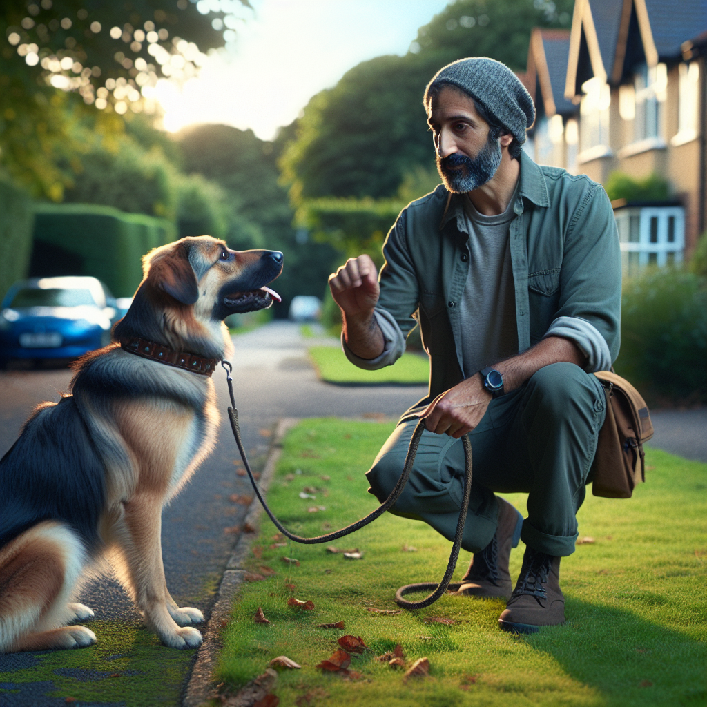 Trainer practising loose lead and sit stay with a calm dog on a leafy Chandler’s Ford street