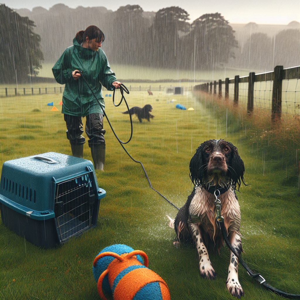 IGP dog and UK trainer practising in heavy rain with tracking line and wet field setup