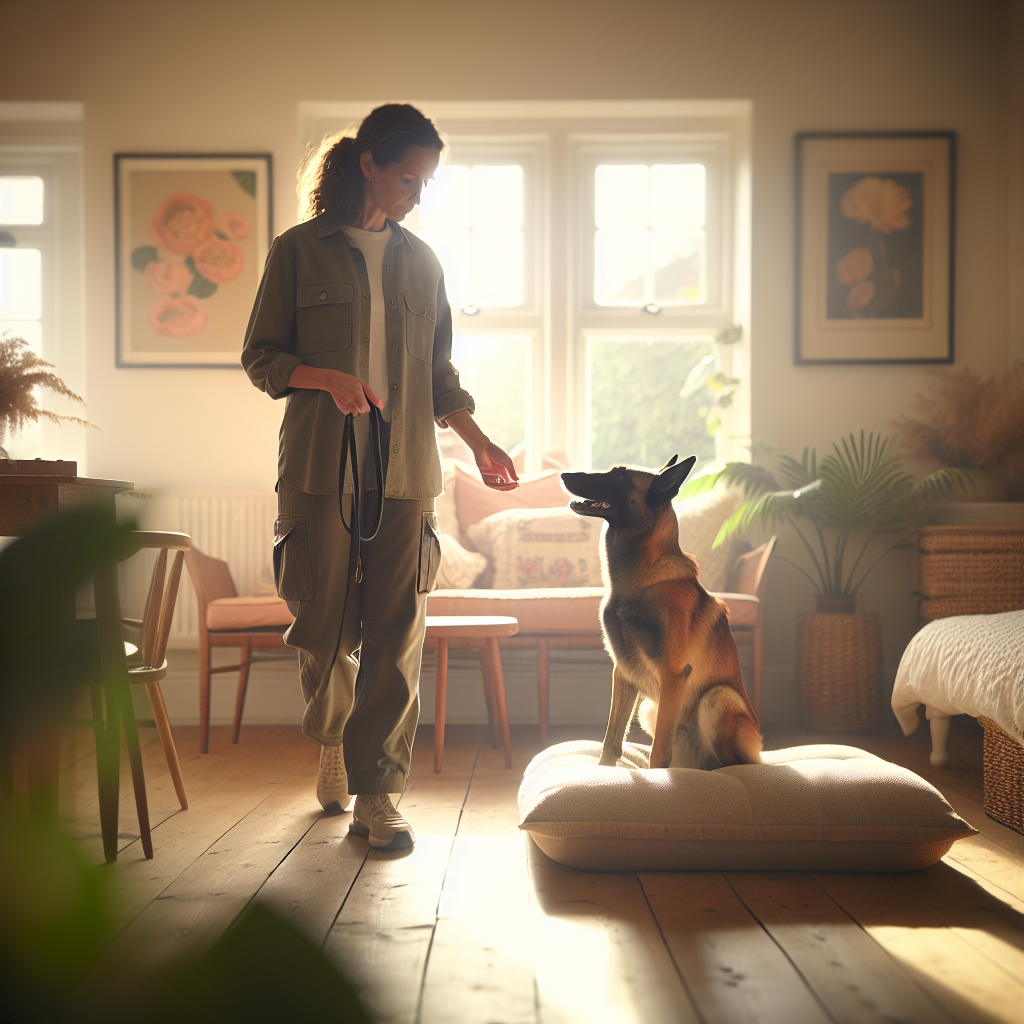 Trainer guiding a high drive Malinois into a relaxed down on a place bed in a UK home