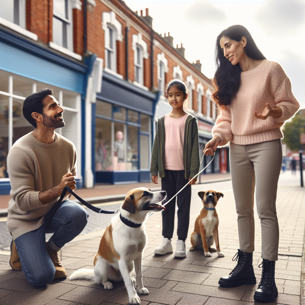 UK dog trainer coaching a family on loose lead walking with their dog on a Gillingham high street