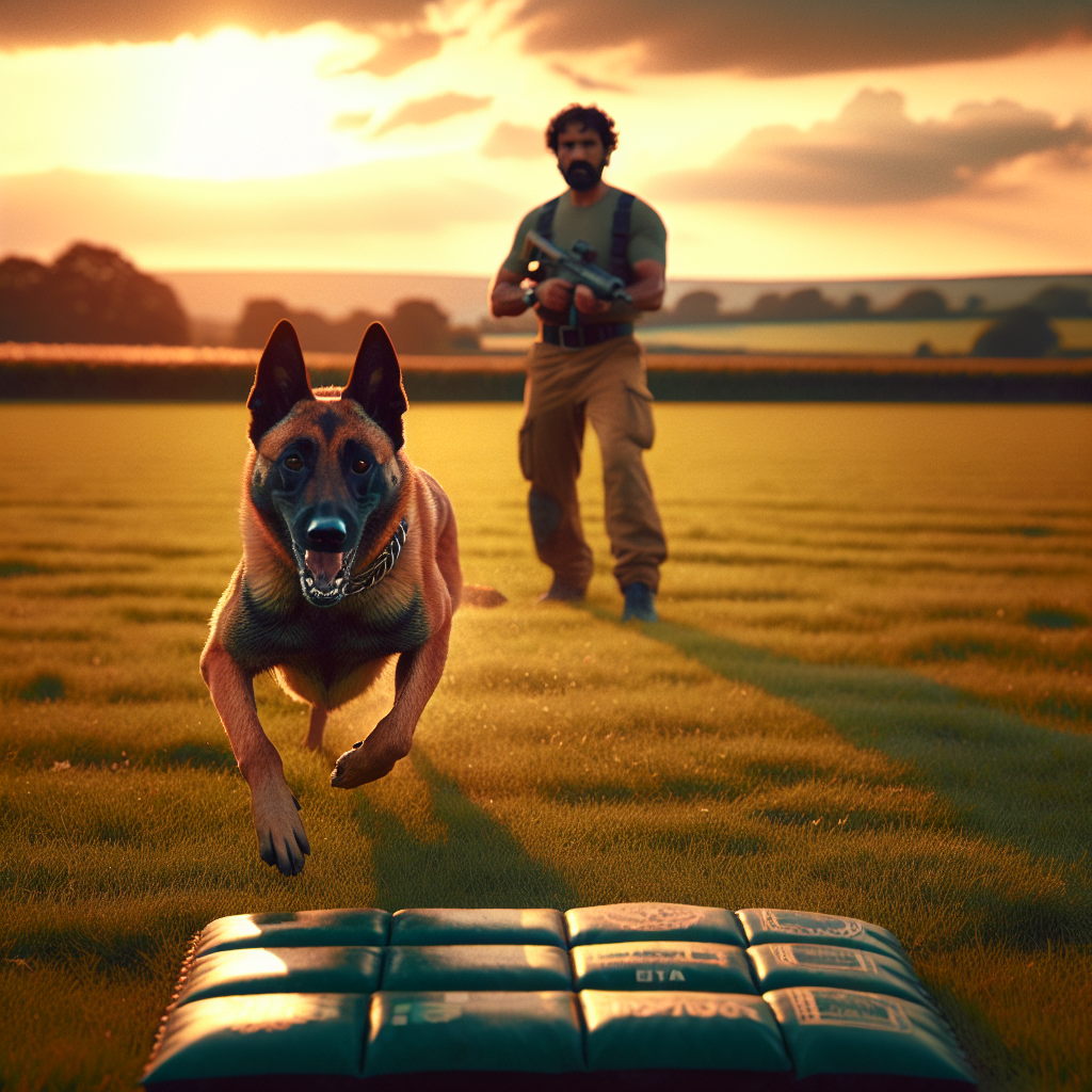 Trainer cueing a straight send away as a Malinois drives to a target mat in a UK field