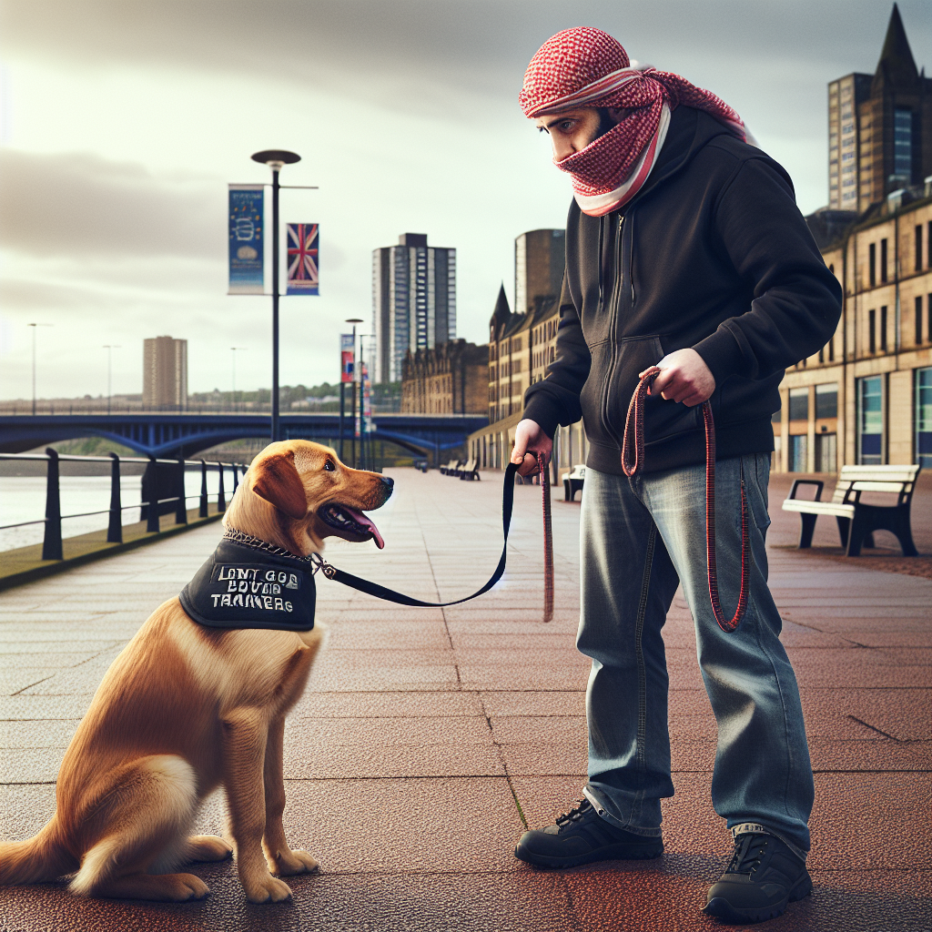 Smart trainer practising loose lead walking with a friendly dog on a riverside path in Dundee