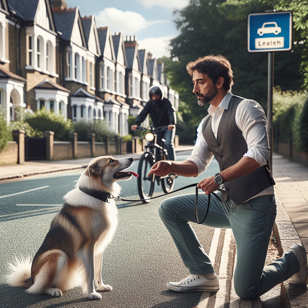 Trainer guiding a mixed breed dog to disengage from a passing cyclist on a quiet UK street