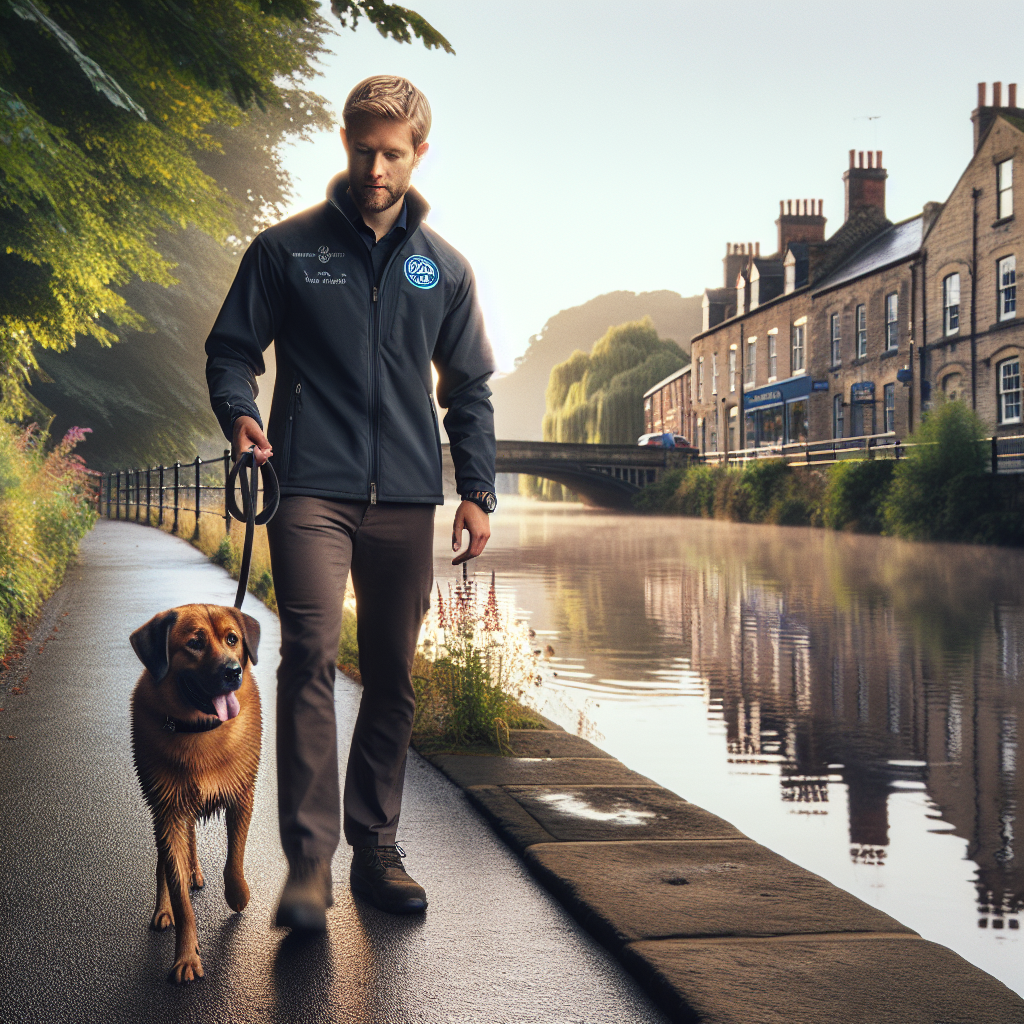 Smart trainer practising loose lead walking with a mixed breed dog beside a calm riverside path in a Yorkshire town