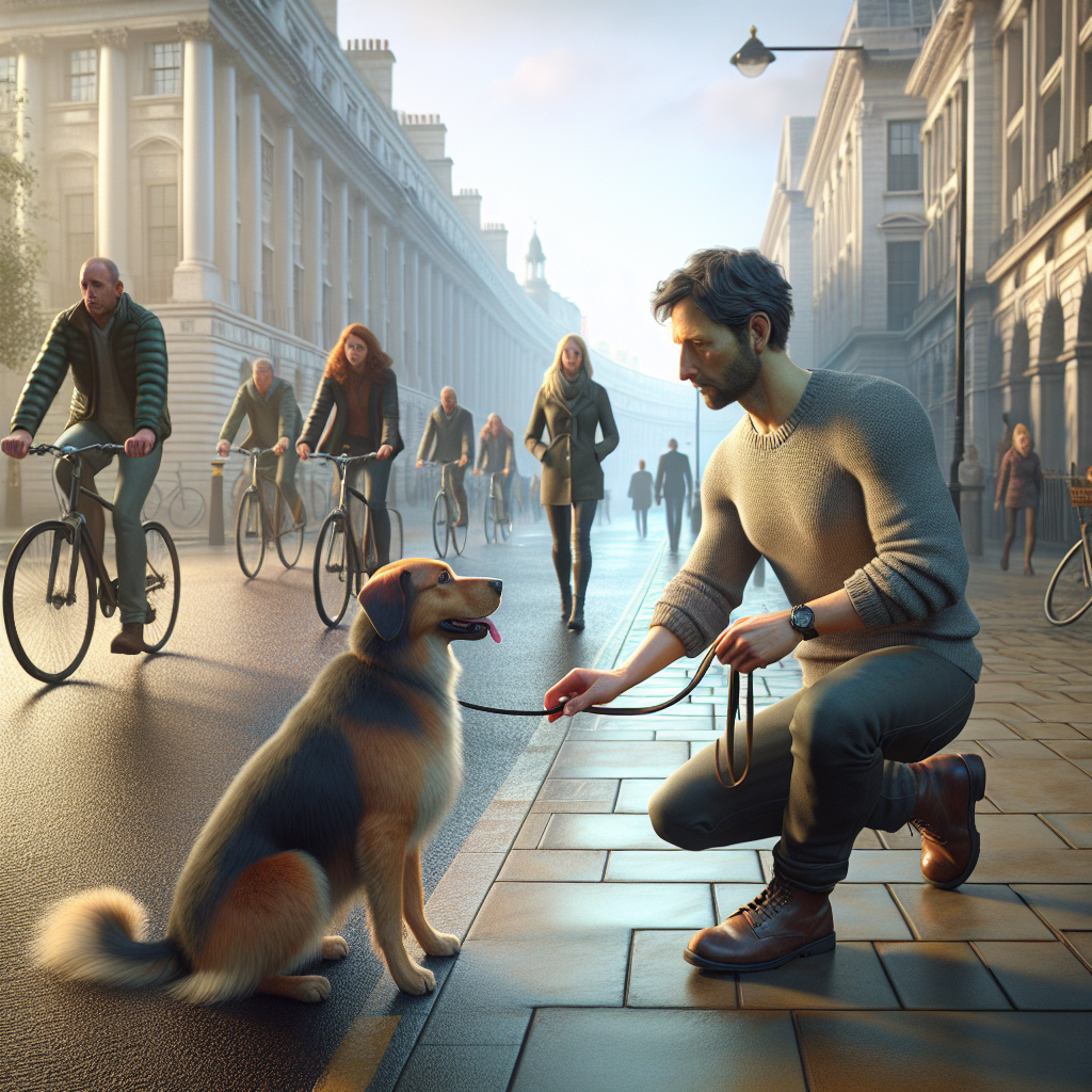 UK trainer helping a dog stay calm as cyclists and pedestrians pass on a city pavement
