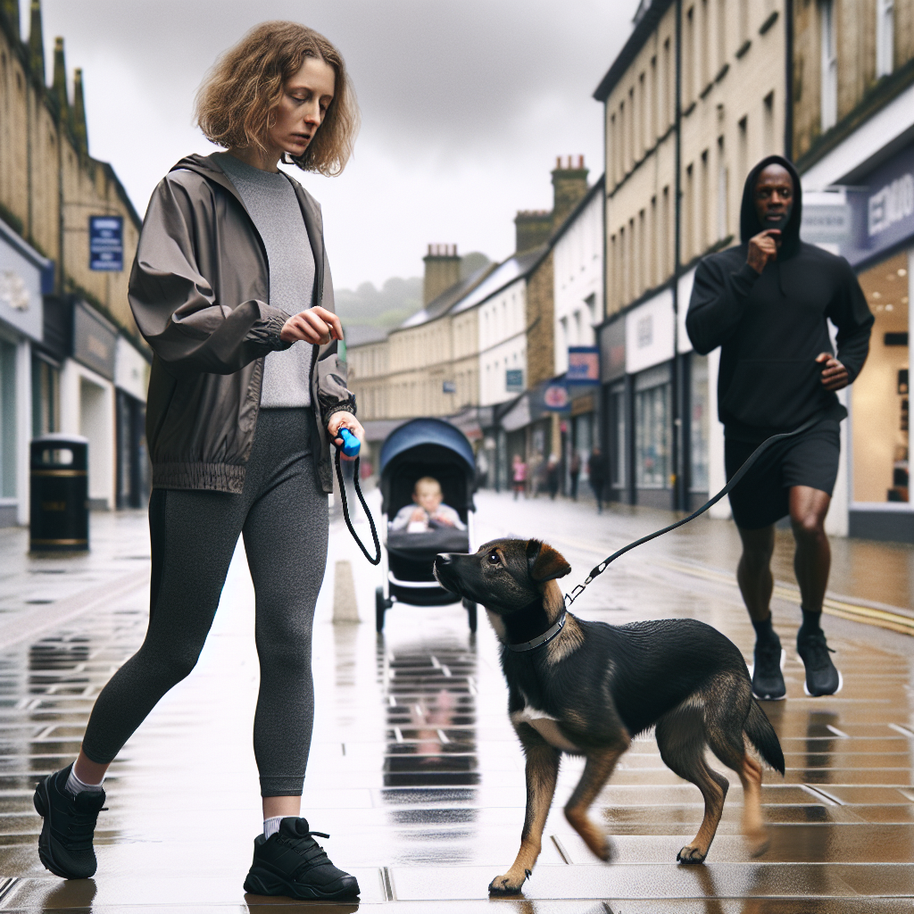 Trainer guiding a dog in focused heel past distractions on a UK high street
