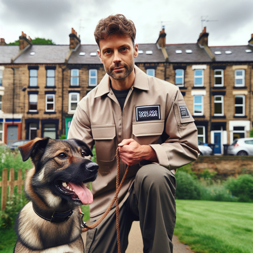 UK trainer practising loose lead walking with a mixed breed dog near Rotherham homes and a green space