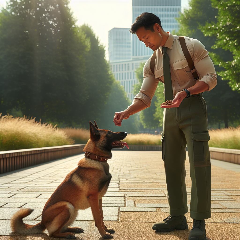 Trainer rewarding heel position with food while walking a focused Malinois in a UK park