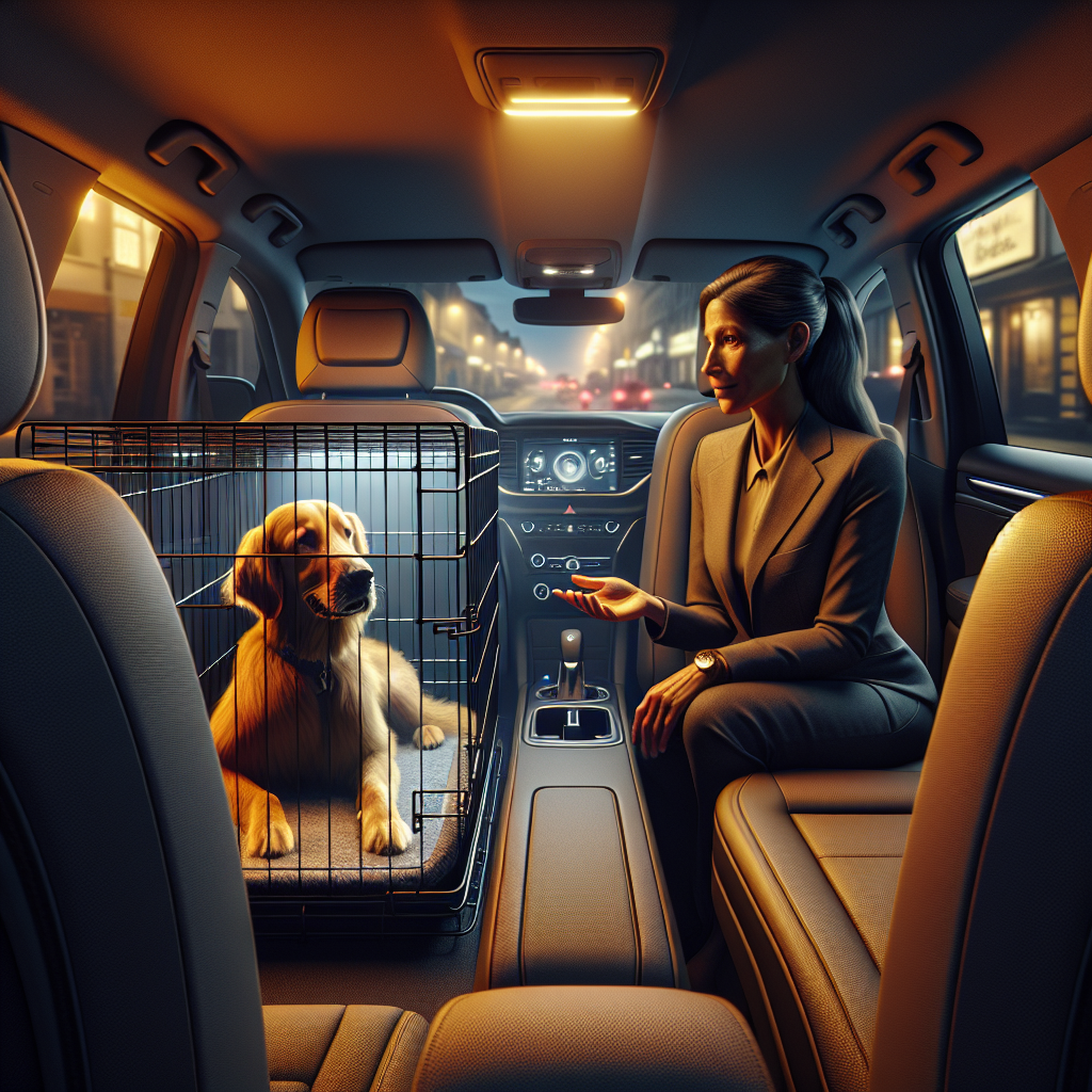 Dog calmly resting in a travel crate while a UK trainer offers quiet praise in the back of an estate car