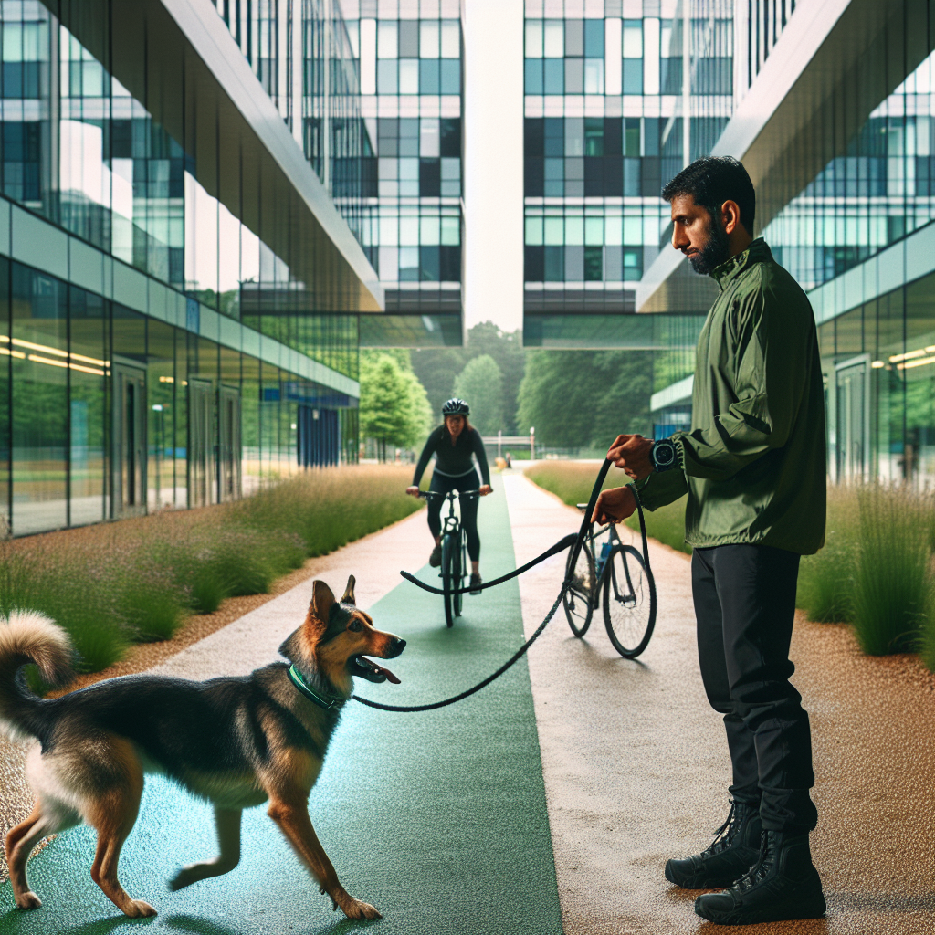 Trainer practising loose lead walking with a dog on a wide shared path in a modern UK green city