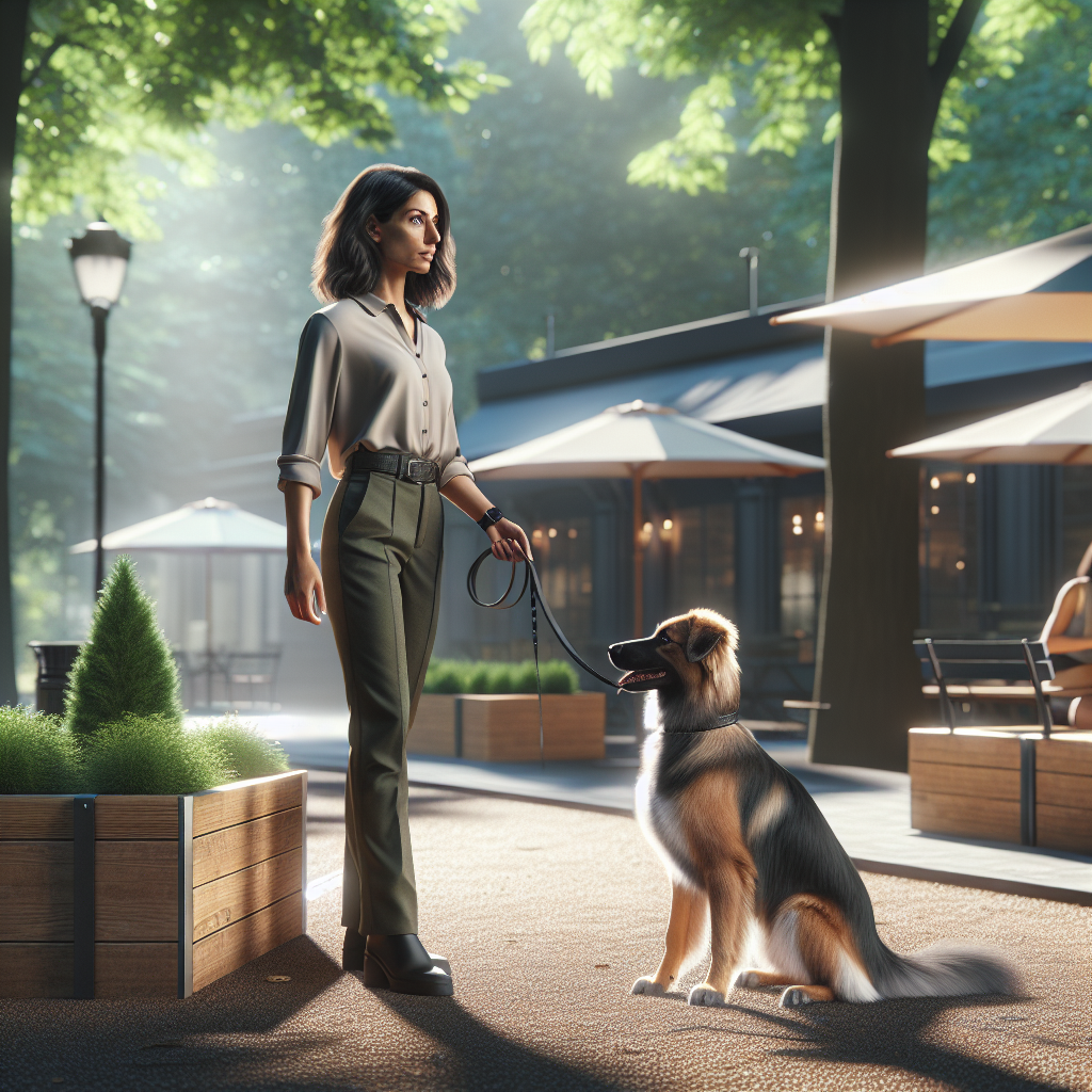 UK trainer guiding a shepherd mix from calm place to focused heel in a city park