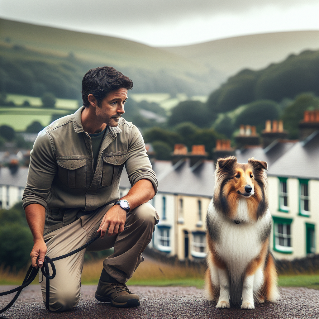 Trainer practising loose-lead walking and recall with a collie mix on the edge of a green Welsh valley town