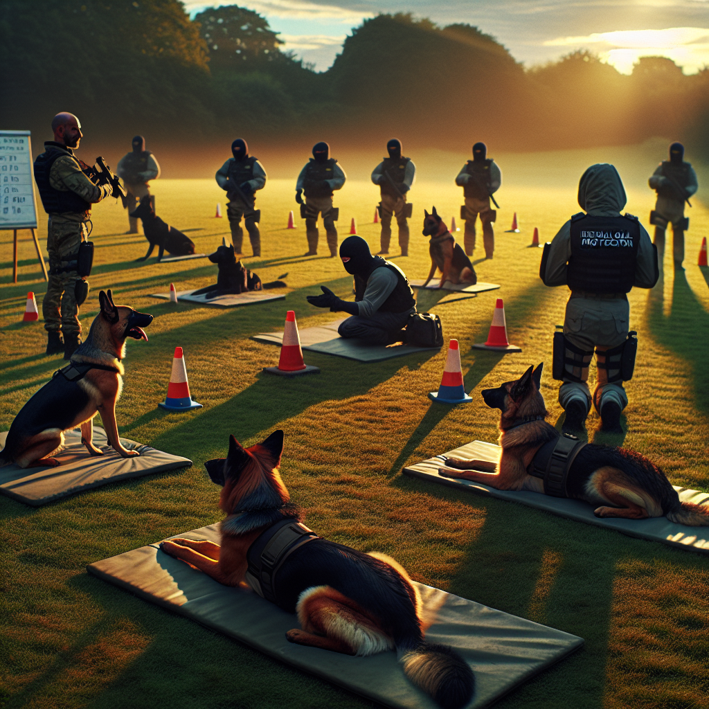 Handlers and helper training with focused IGP dogs on a UK field, clear zones and calm rests visible