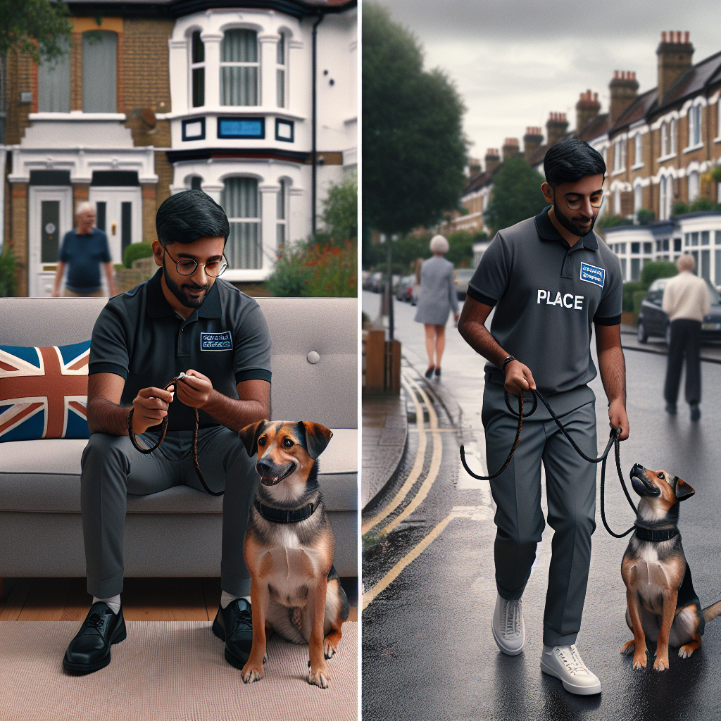 Smart trainer generalising obedience across locations with a calm dog in home, garden, and high street