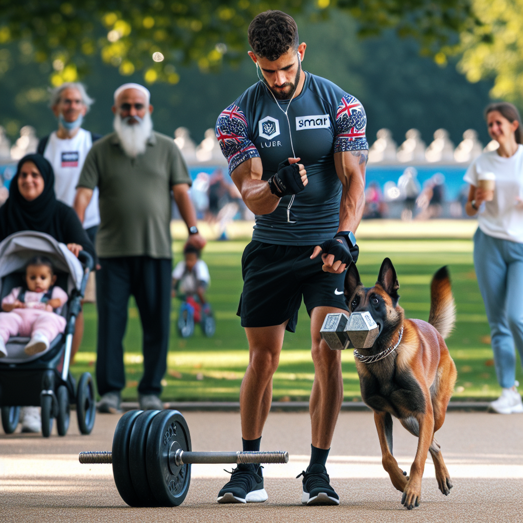 Trainer guiding a Malinois on an IGP dumbbell retrieve with cyclists and joggers nearby in a UK park