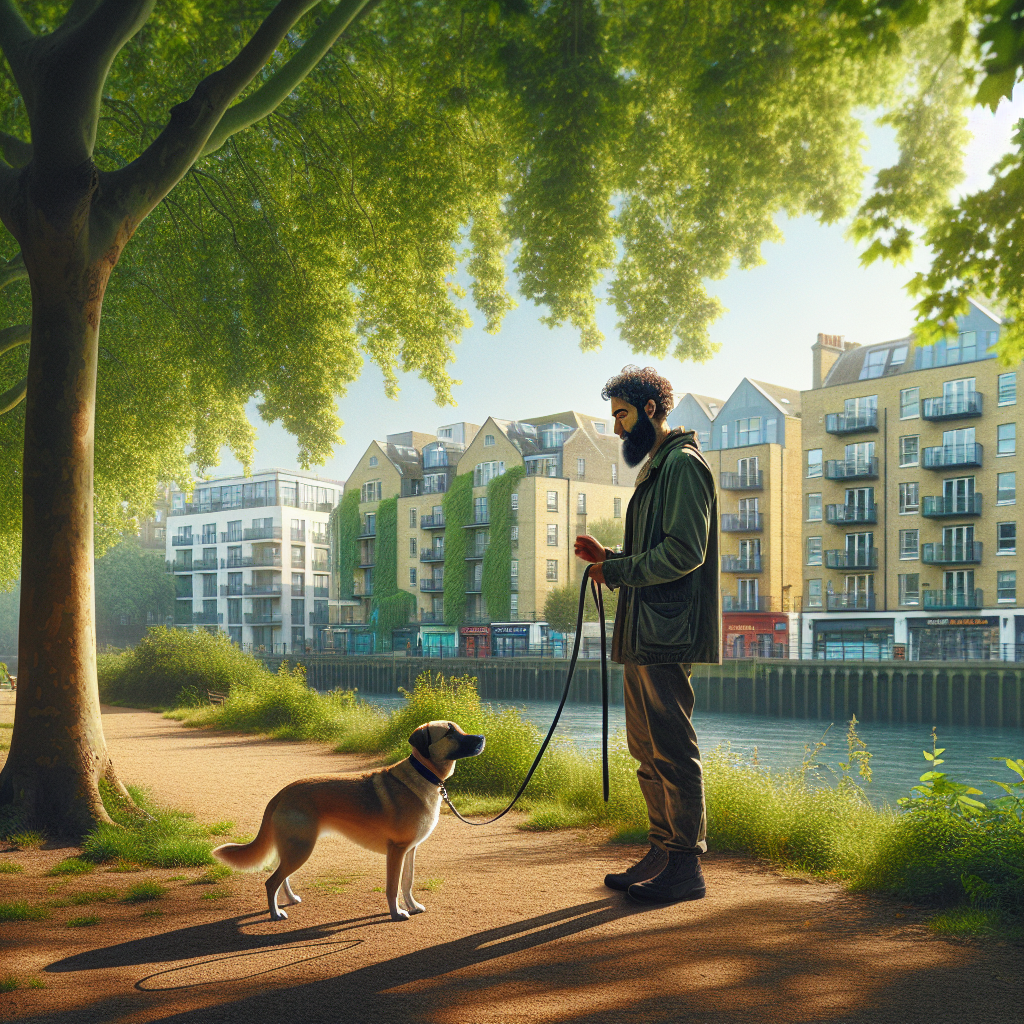 UK dog trainer teaching loose lead walking and focus with a mixed breed in a leafy London riverside park