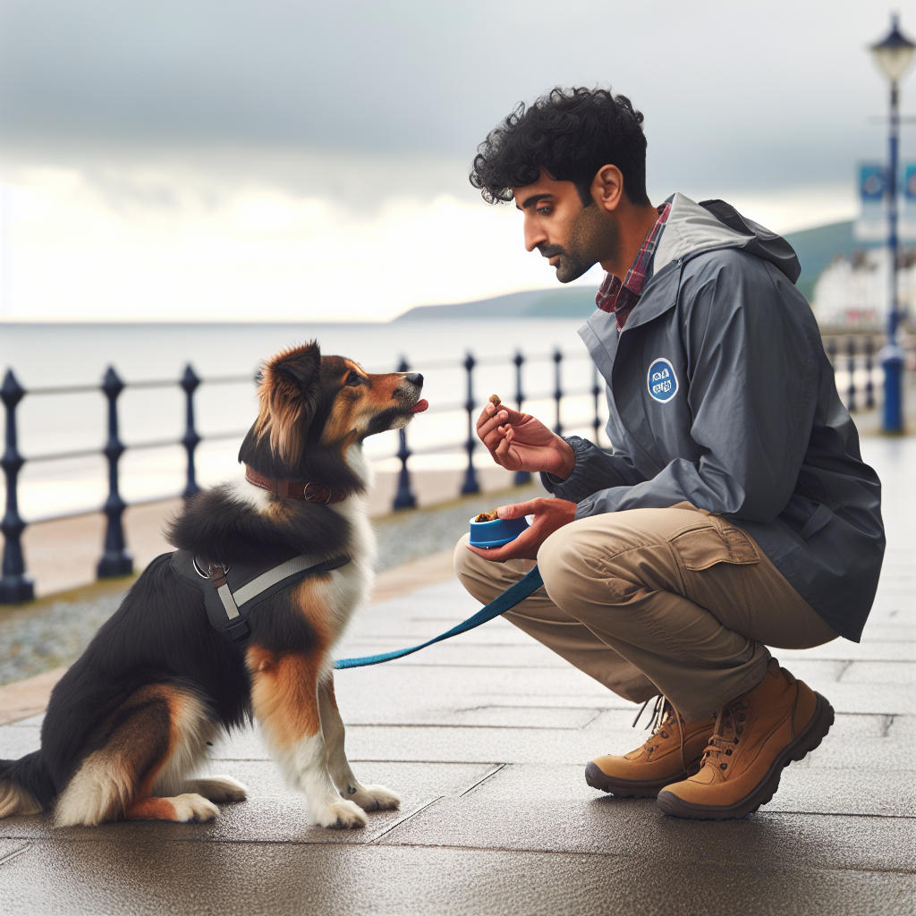 Trainer practising heel and sit-stay with a mixed-breed dog on a coastal path in a UK seaside town