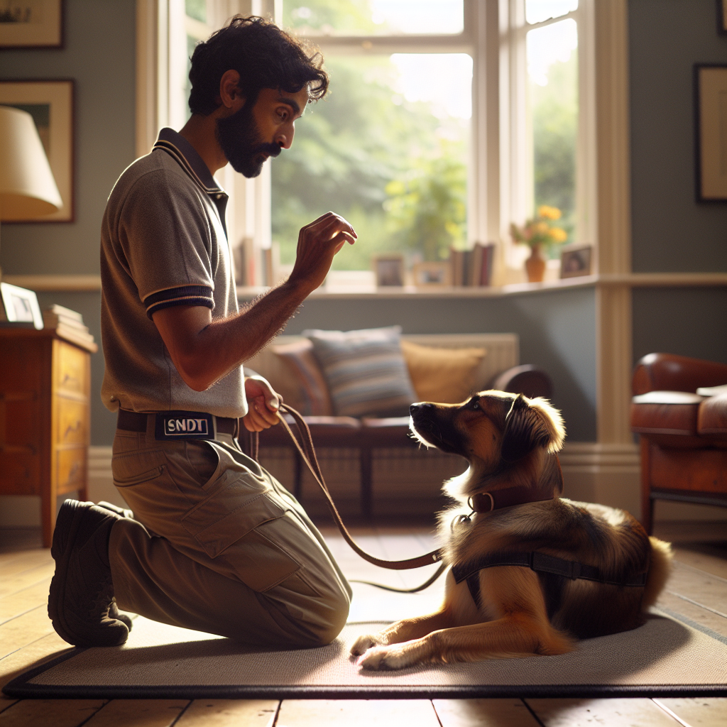 SMDT helping a dog settle on a mat in a quiet UK living room after stress