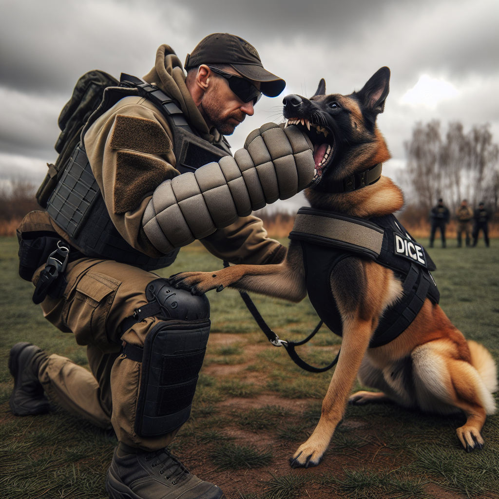Malinois showing a full calm grip on a sleeve with a UK trainer on a grass training field
