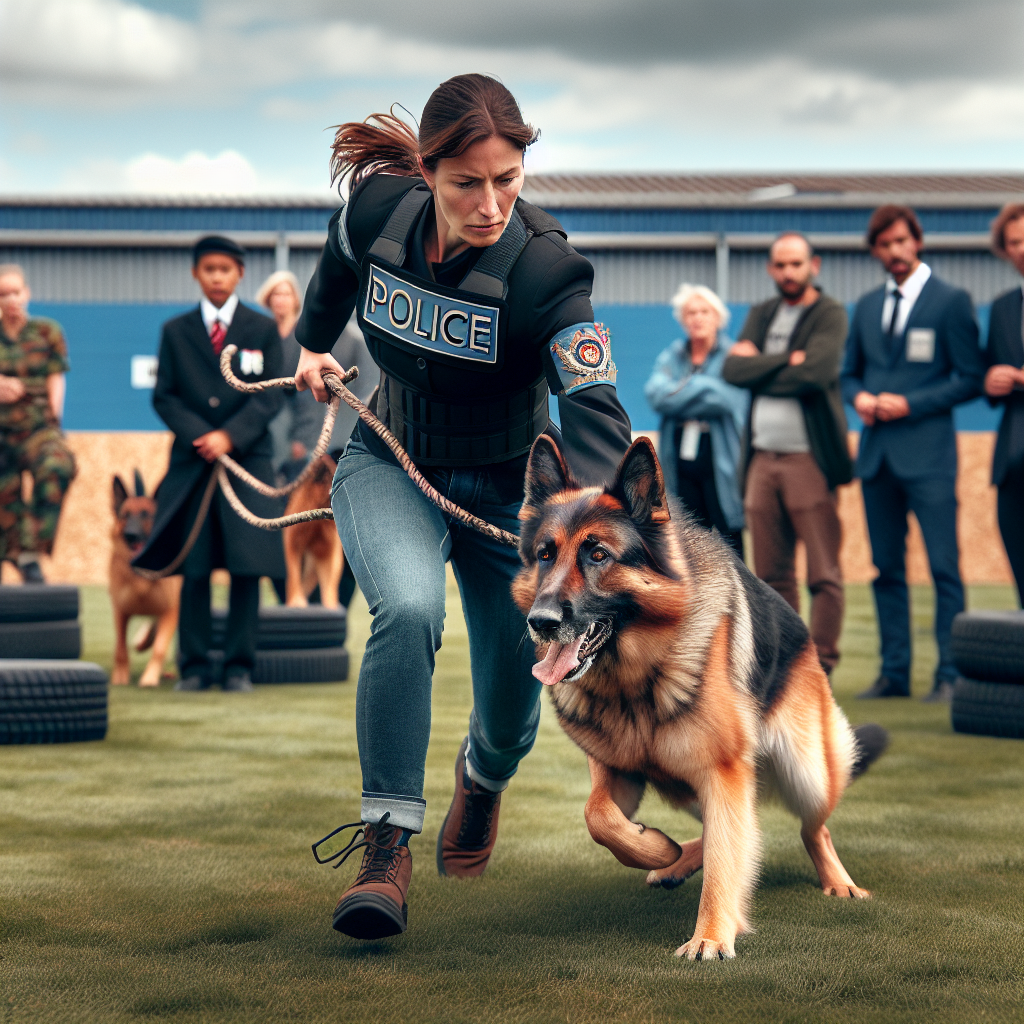 German Shepherd and trainer heeling past a judge and helper on an IGP field under crowd pressure