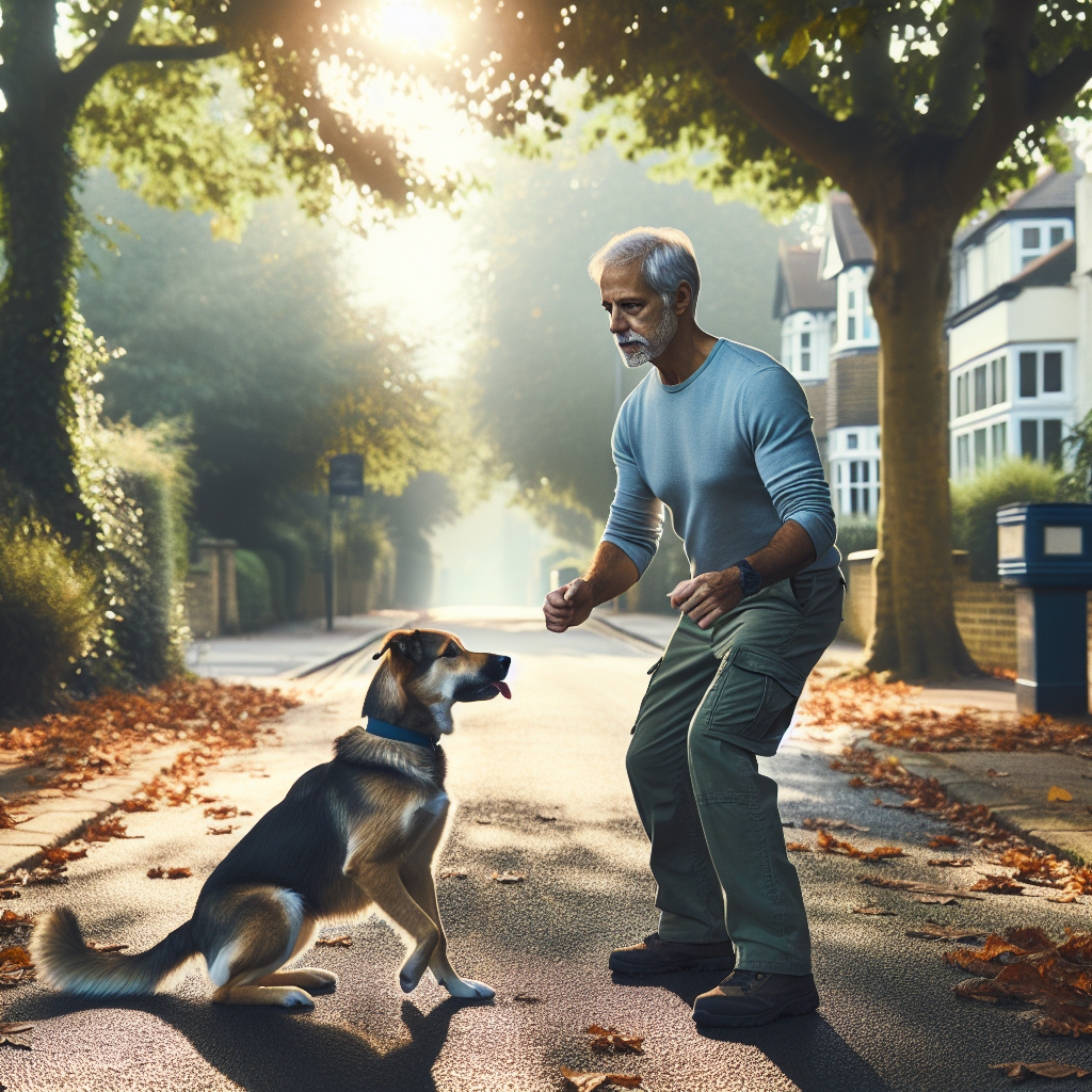 Smart trainer teaching a calm heel and recall with a mixed-breed dog on a leafy suburban pavement in Maybury