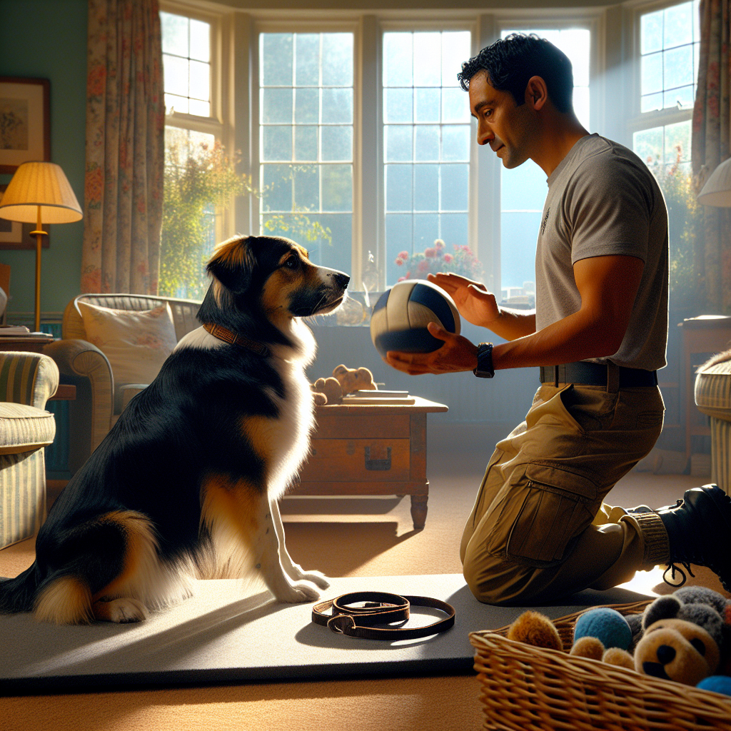 Dog holding a calm sit on a mat while a trainer rolls a toy ball nearby during neutrality training at home