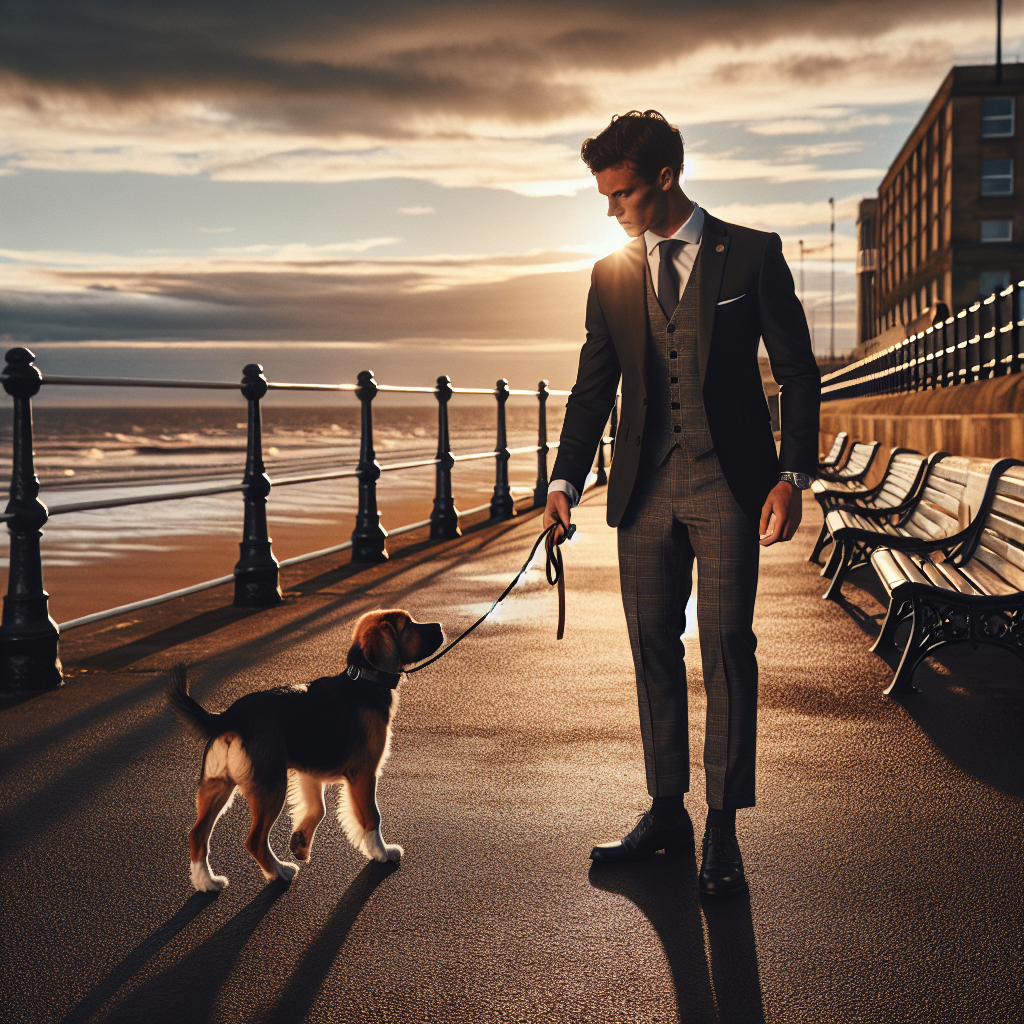 Smart trainer practising loose lead walking with a mixed-breed dog on a Sunderland seafront promenade at sunset