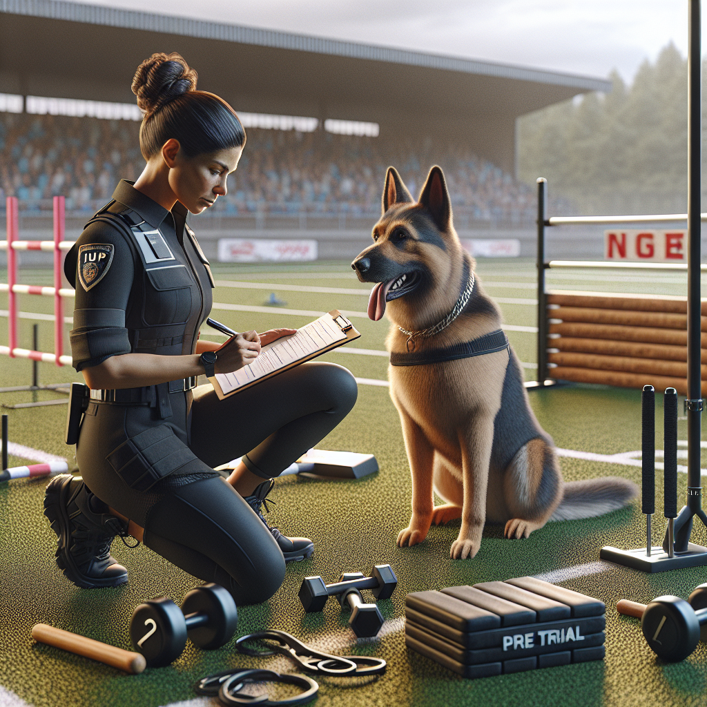 UK trainer reviewing an IGP pre trial checklist with a German Shepherd on a field