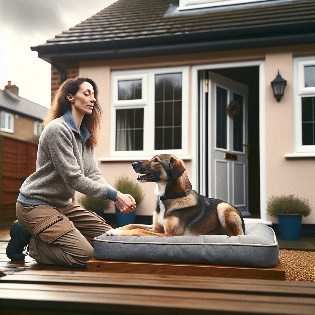 Trainer practising calm place holds with a mixed breed as a door opens in a UK setting