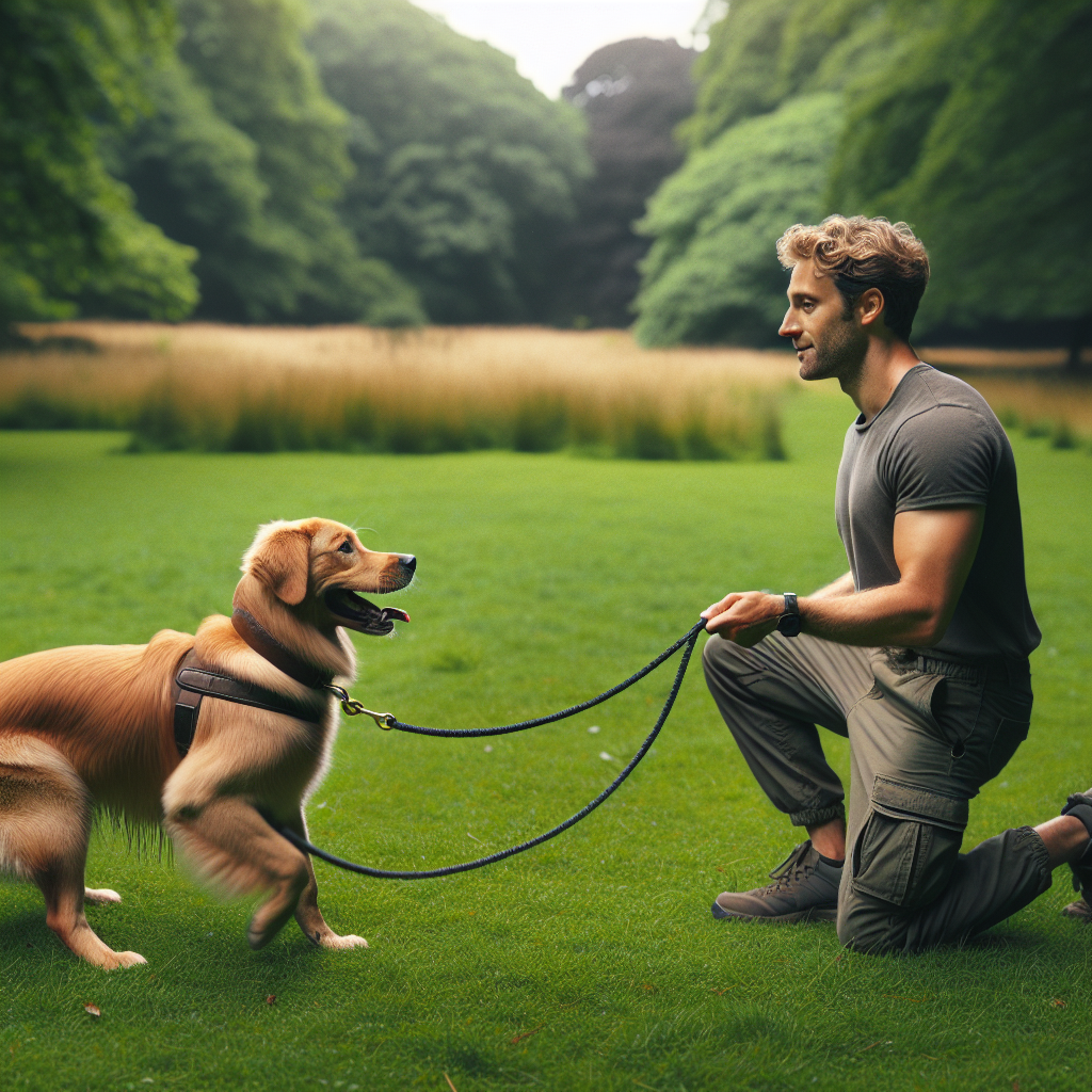 Trainer practising recall with a dog on a long line in a UK park