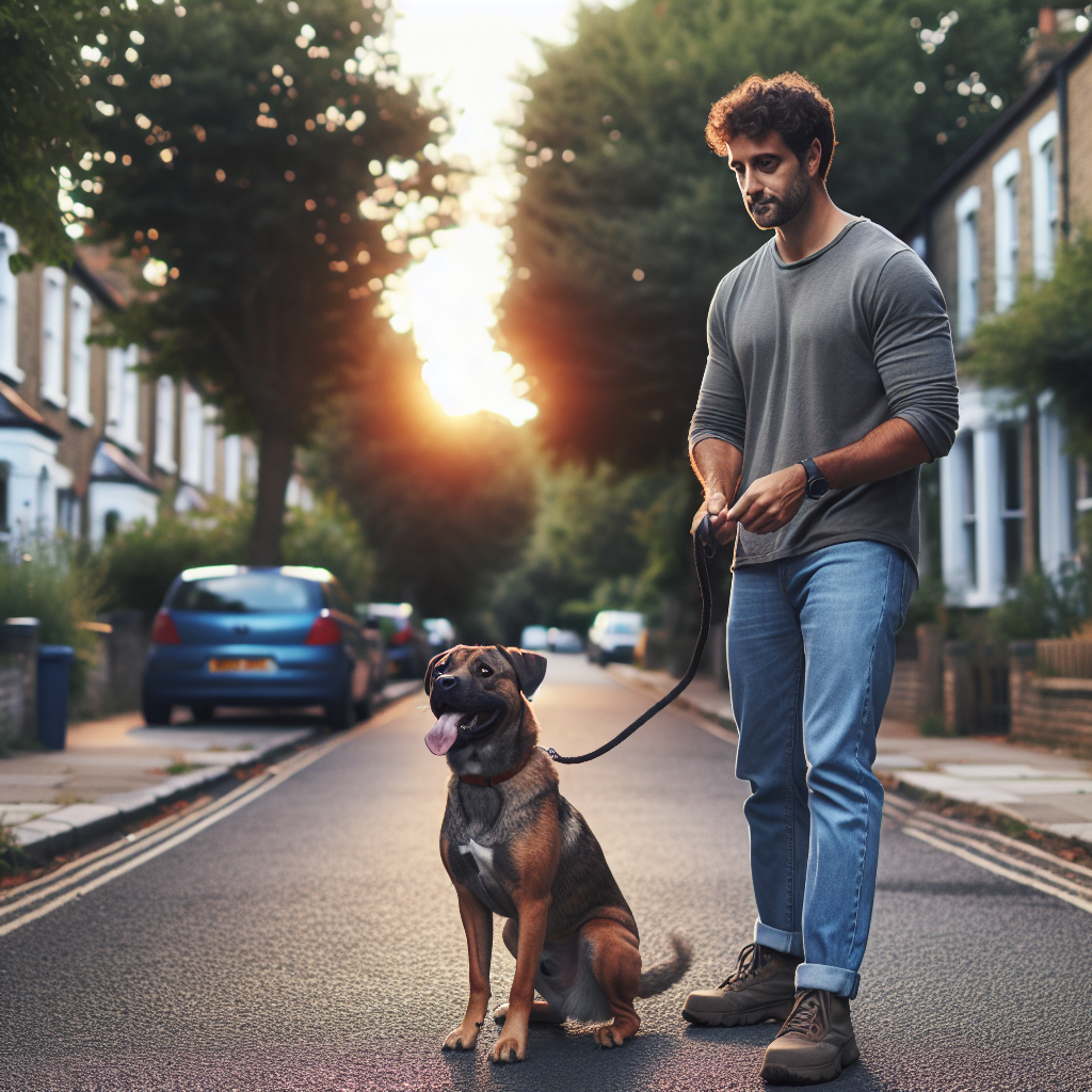 Trainer practising loose lead walking and recall with a mixed-breed dog on a quiet suburban street in Witham