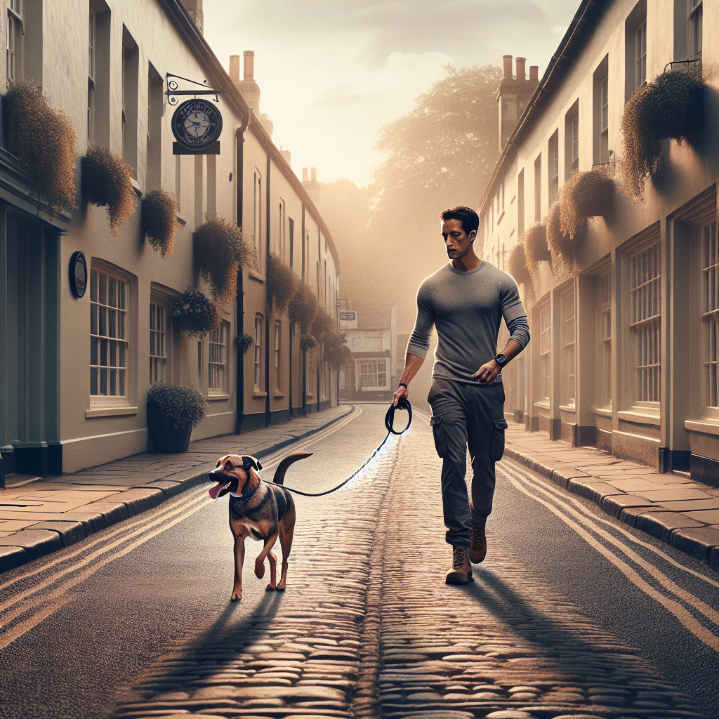 Trainer walking a calm dog with a soft U-shaped lead showing clear leash slack on a UK street at sunset