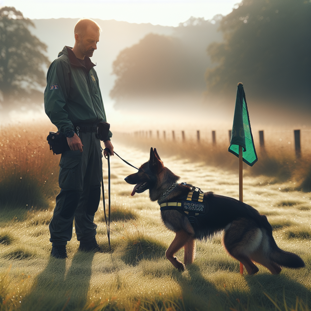 IGP handler guiding a German Shepherd through a calm scent check at the start flag on a UK field