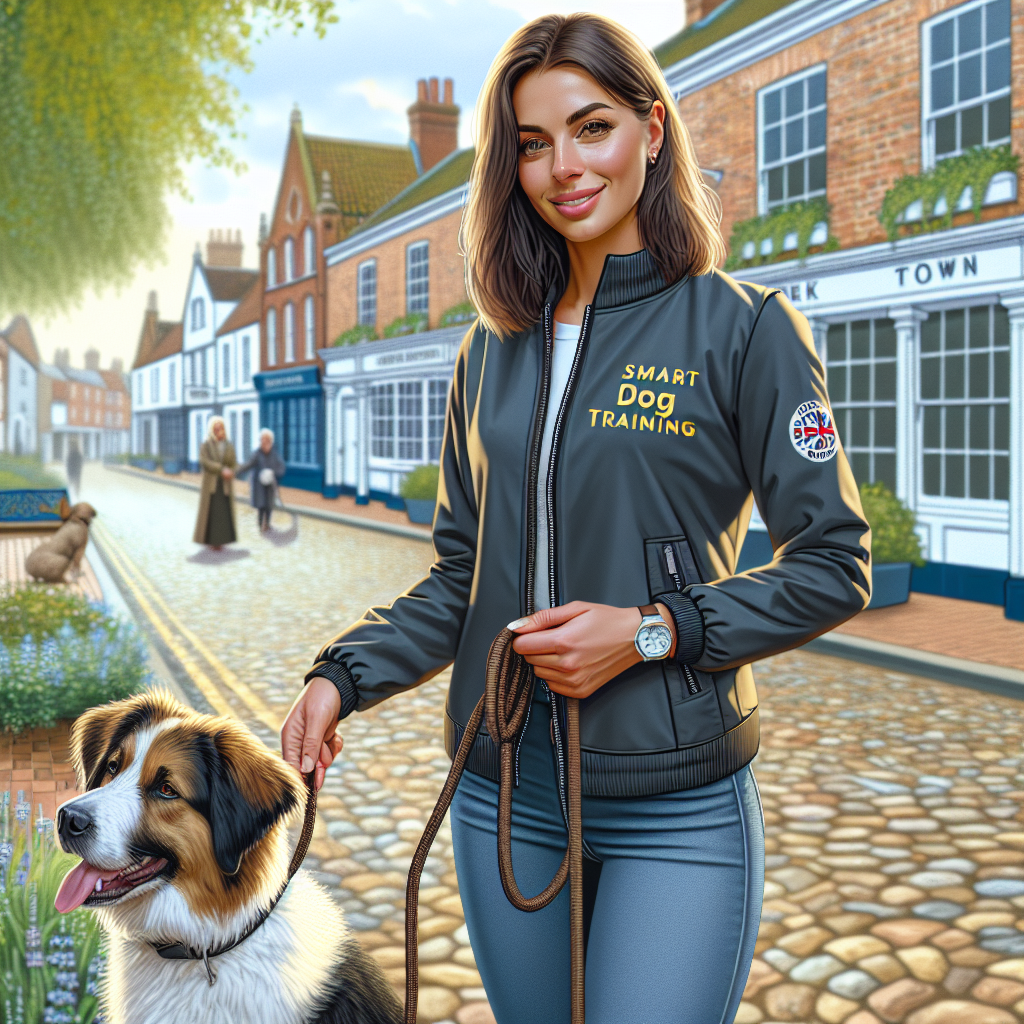 Trainer practising loose lead walking with a mixed-breed dog on a leafy path in a Suffolk town