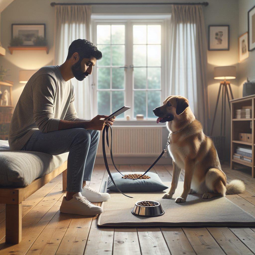 Trainer guiding a calm place exercise with a relaxed dog during a low arousal obedience session at home