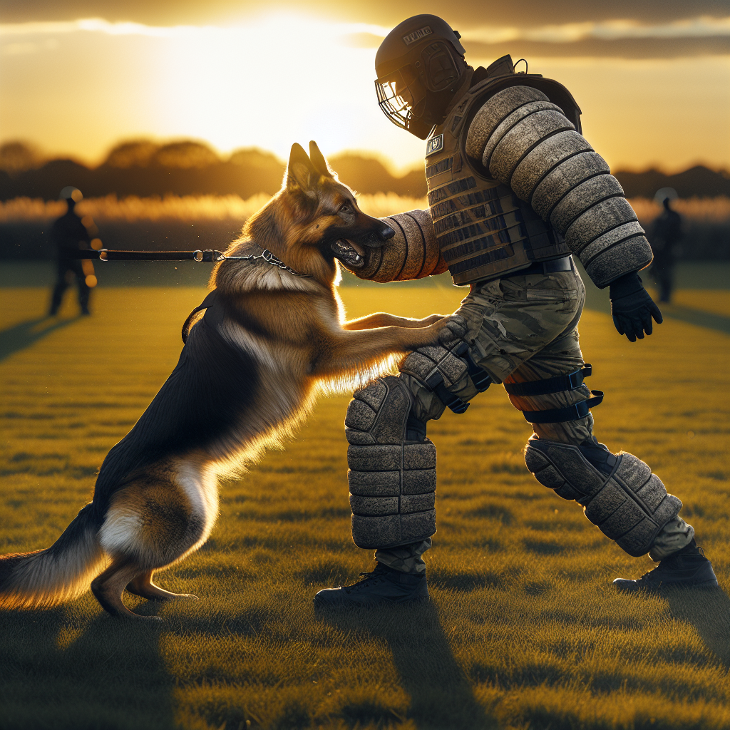 German Shepherd practising a full calm sleeve grip during an IGP refresher on a UK field