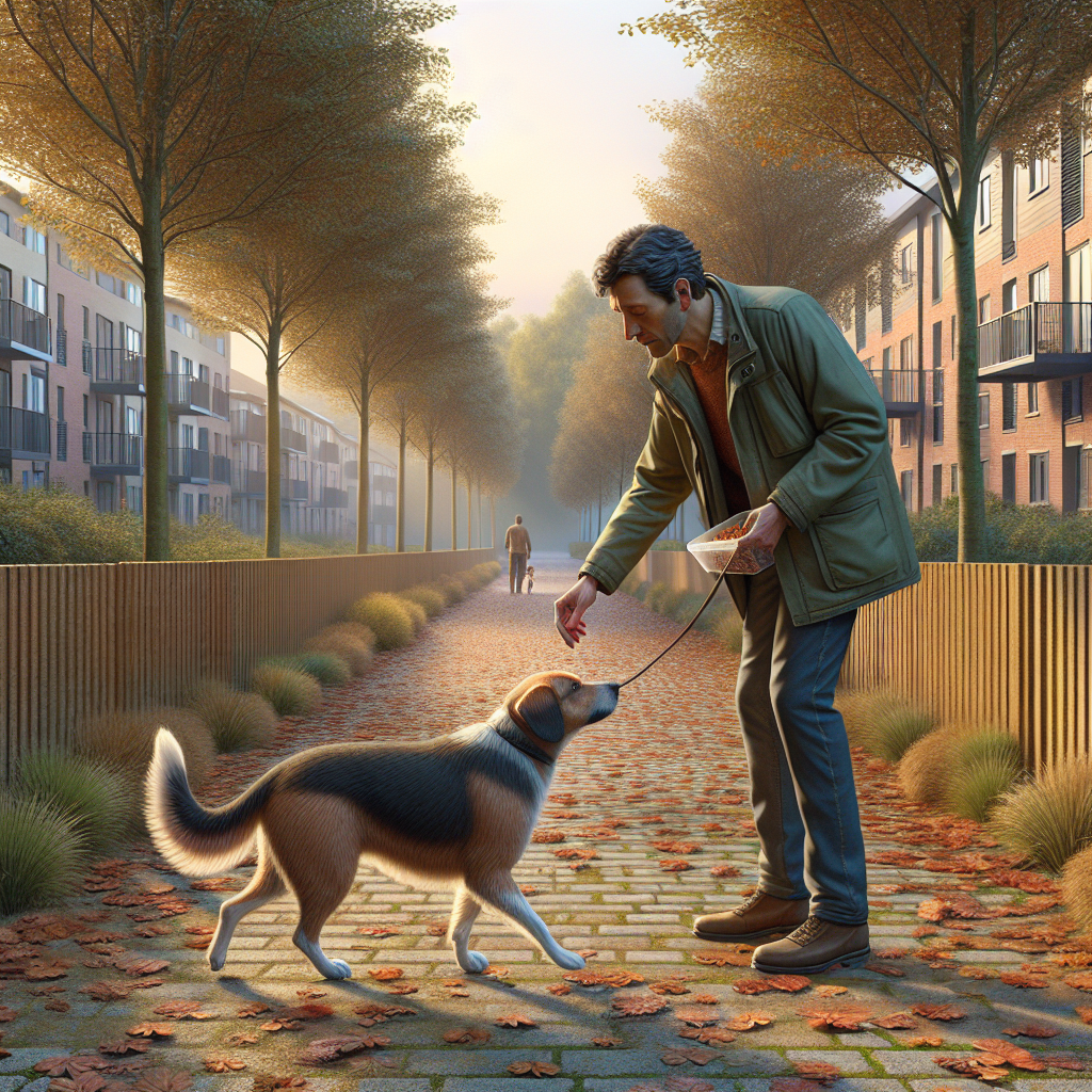UK dog trainer practising loose lead walking with a mixed breed dog on a leafy path in Stevenage
