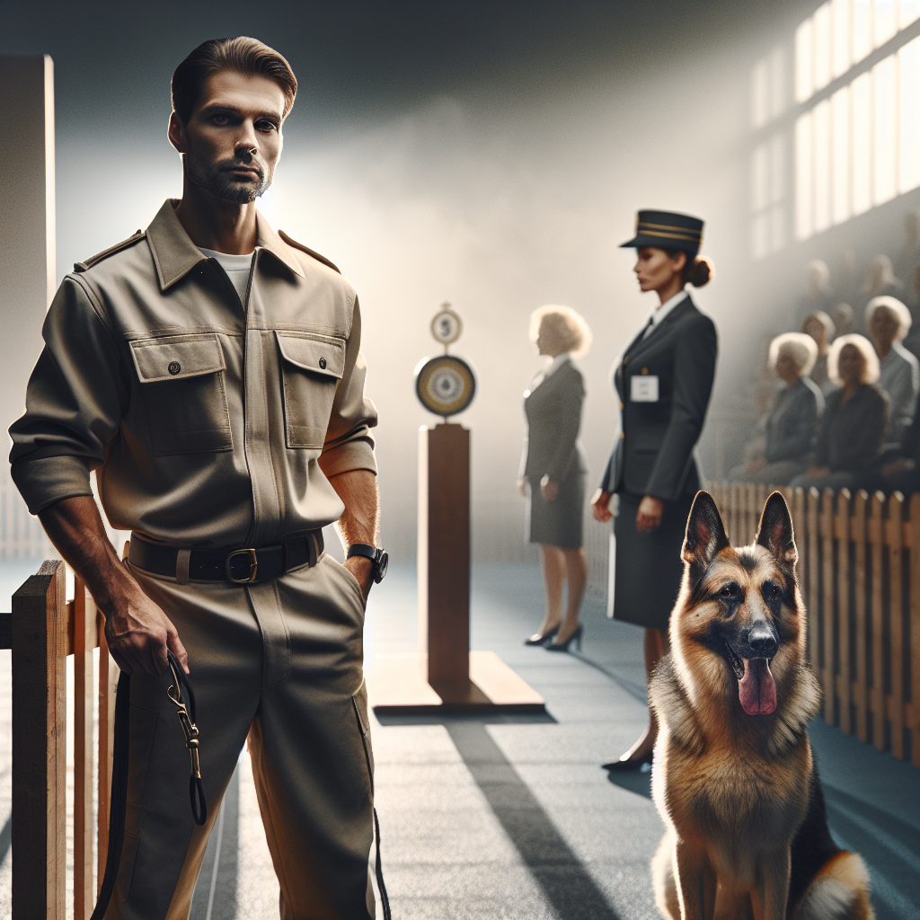 Handler and German Shepherd calm at a UK trial ring gate before entry