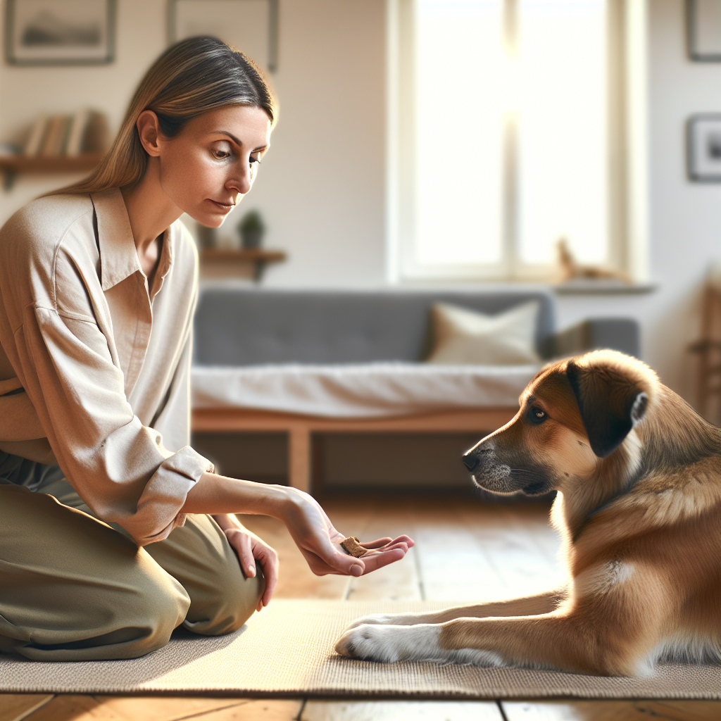 Trainer rewards a calm dog on a mat with slow treat delivery in a UK living room