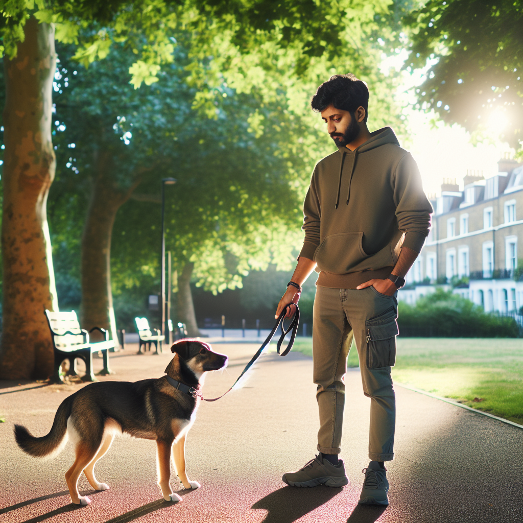 Trainer and dog practising a calm heel in a leafy Ealing setting