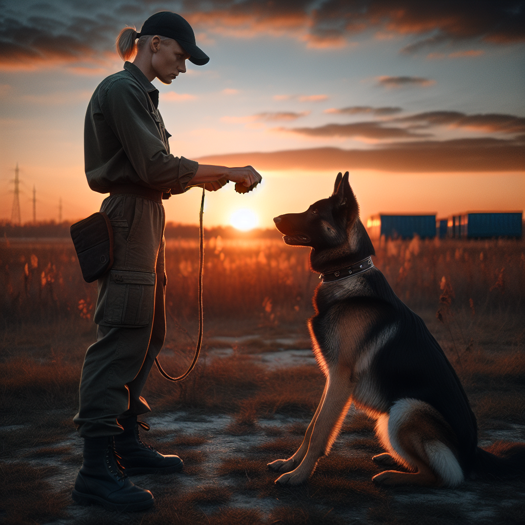 Trainer and working dog holding focused heelwork on a UK field with a tug reward at the hip