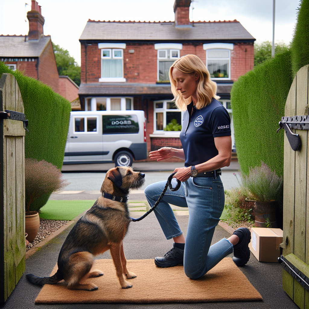 Trainer guiding a dog to stay calm at an open garden gate during a parcel drop-off in a UK street
