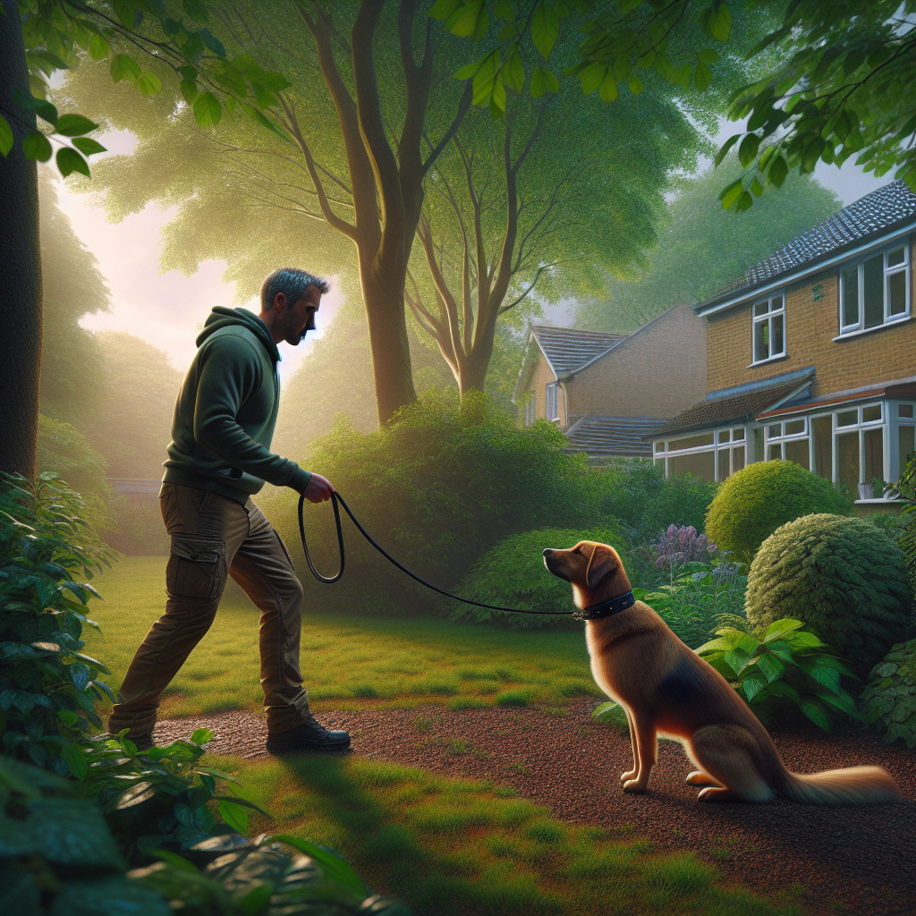 UK trainer practising loose lead walking with a focused dog in a leafy Corby neighbourhood